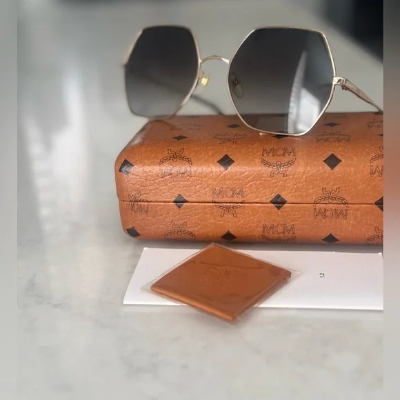 MCM Square-Frame Visetos-Print Sunglasses With Brown Case/Cleaning Cloth